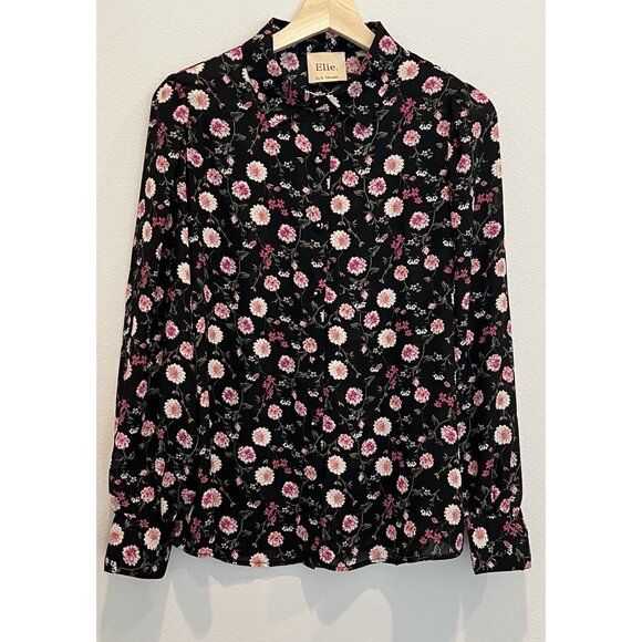 Elie Tahari Womens Floral Top Blouse Size Medium Button Long Sleeves Black Pink - Picture 2 of 10